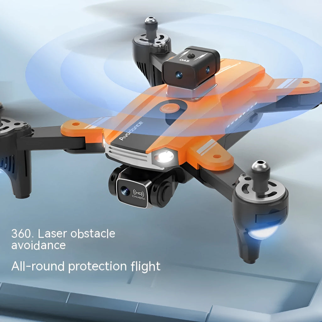 Orange quadcopter drone with dual cameras and obstacle avoidance sensors, compact size under 30cm