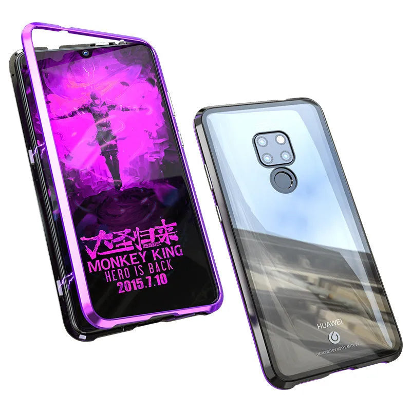 Huawei magnetic phone case with metal frame and tempered glass back in black, blue, red, or white