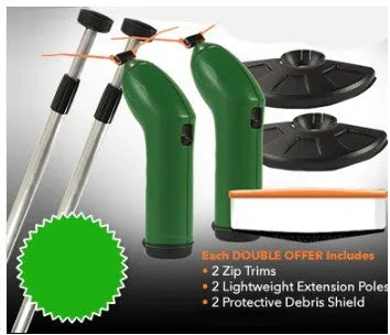 Cordless lawn trimmer with extension pole and protective shield on grass