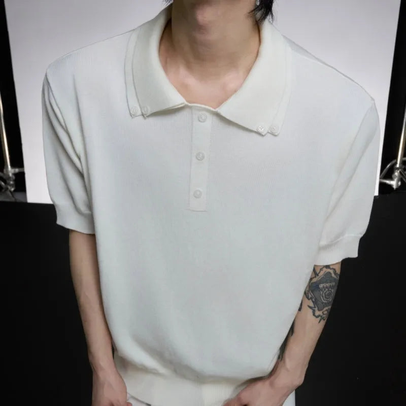 Men's ice feeling knit short sleeve shirt with double collar design in black colour