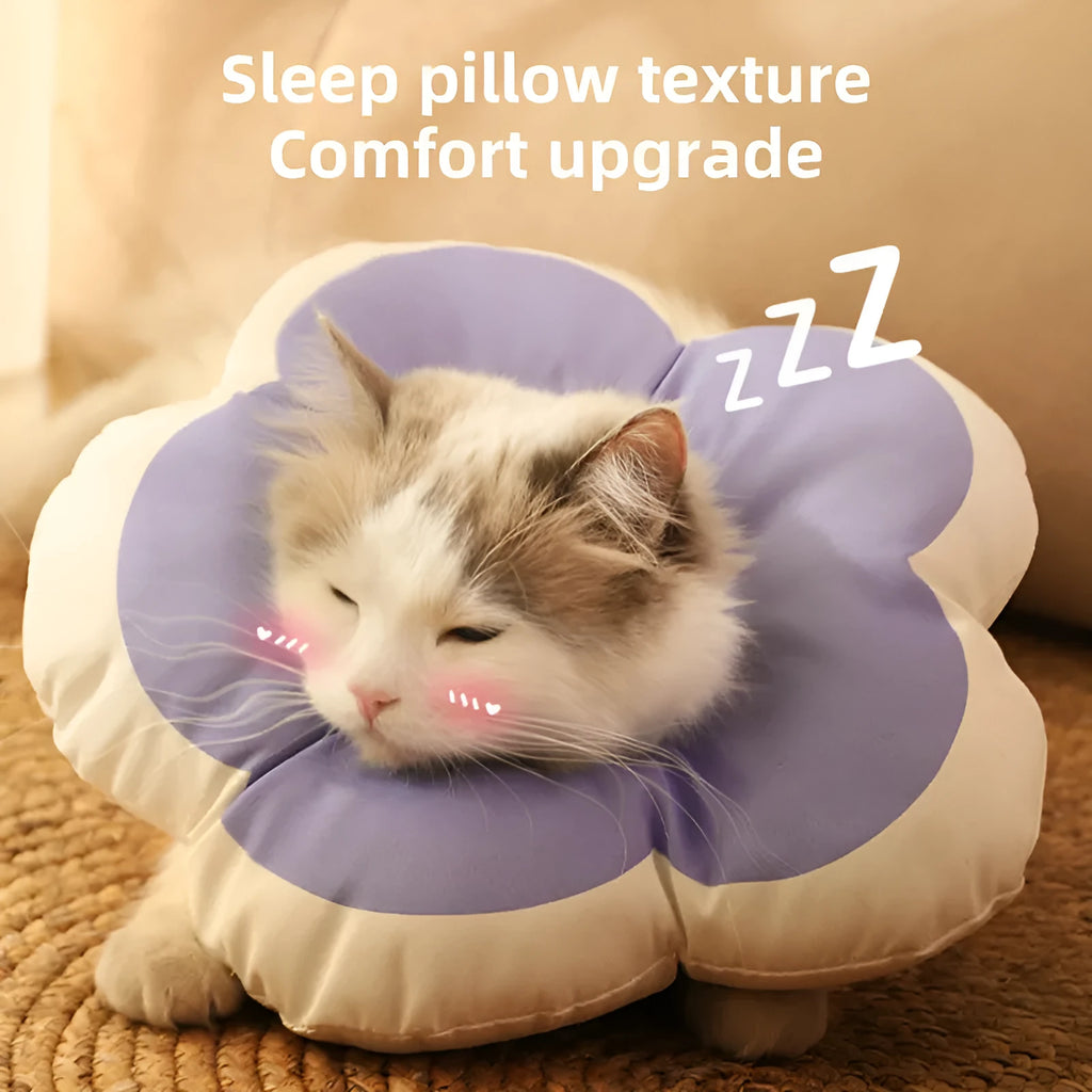 Soft cotton cat recovery collar in light blue with adjustable strap, shown on a table.