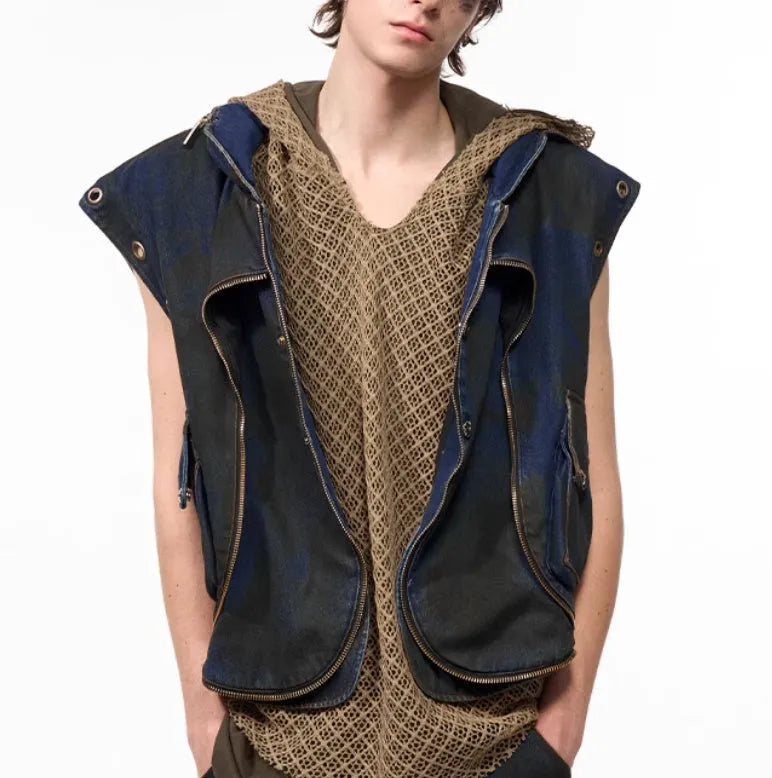 Blue heavy industry deconstructed hooded denim vest coat with matching trousers, Korean style, zipper front