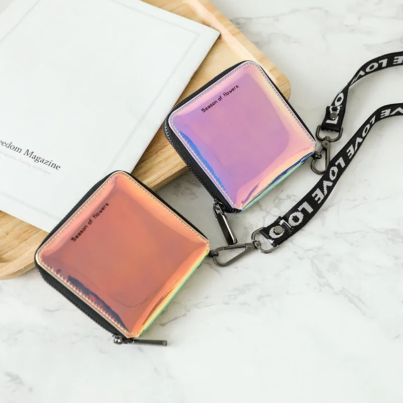 Women's compact 11cm square folding wallet in Korean style with glitter or solid colour options