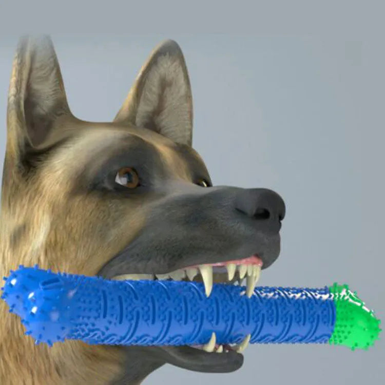 Blue and green silicone dog molar tooth cleaner chewing stick with textured brush head, 25cm long