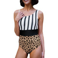 Women's leopard print one-piece swimsuit with asymmetric collar and high waist briefs