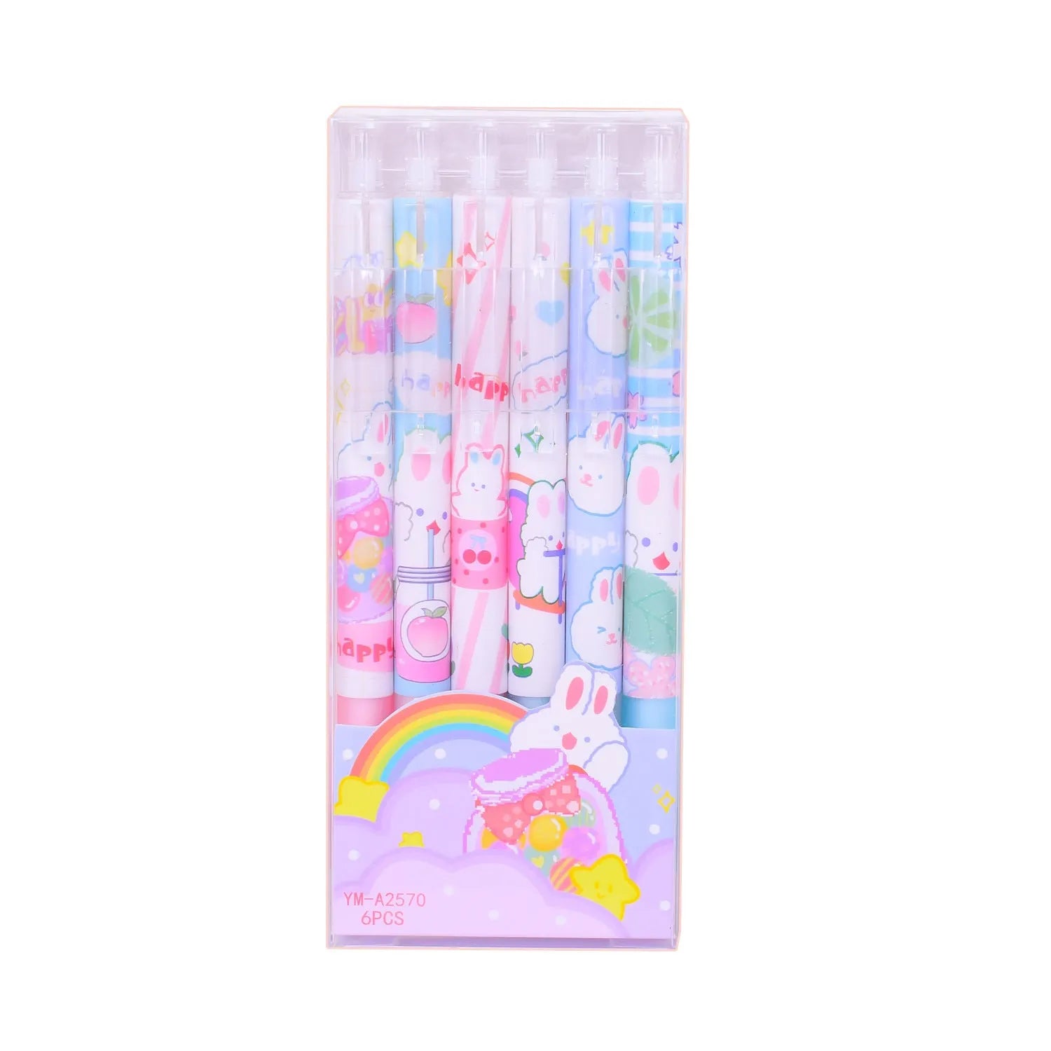 Six cartoon bunny design 0.5mm black signature pens arranged together showing plastic shells