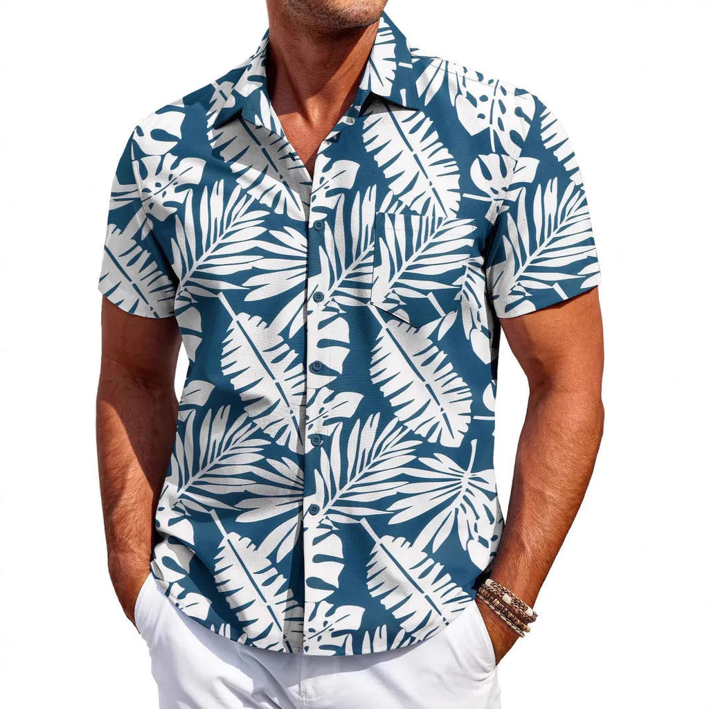 Man wearing a slim fit short sleeve Hawaiian shirt in four-sided elastic polyester fabric