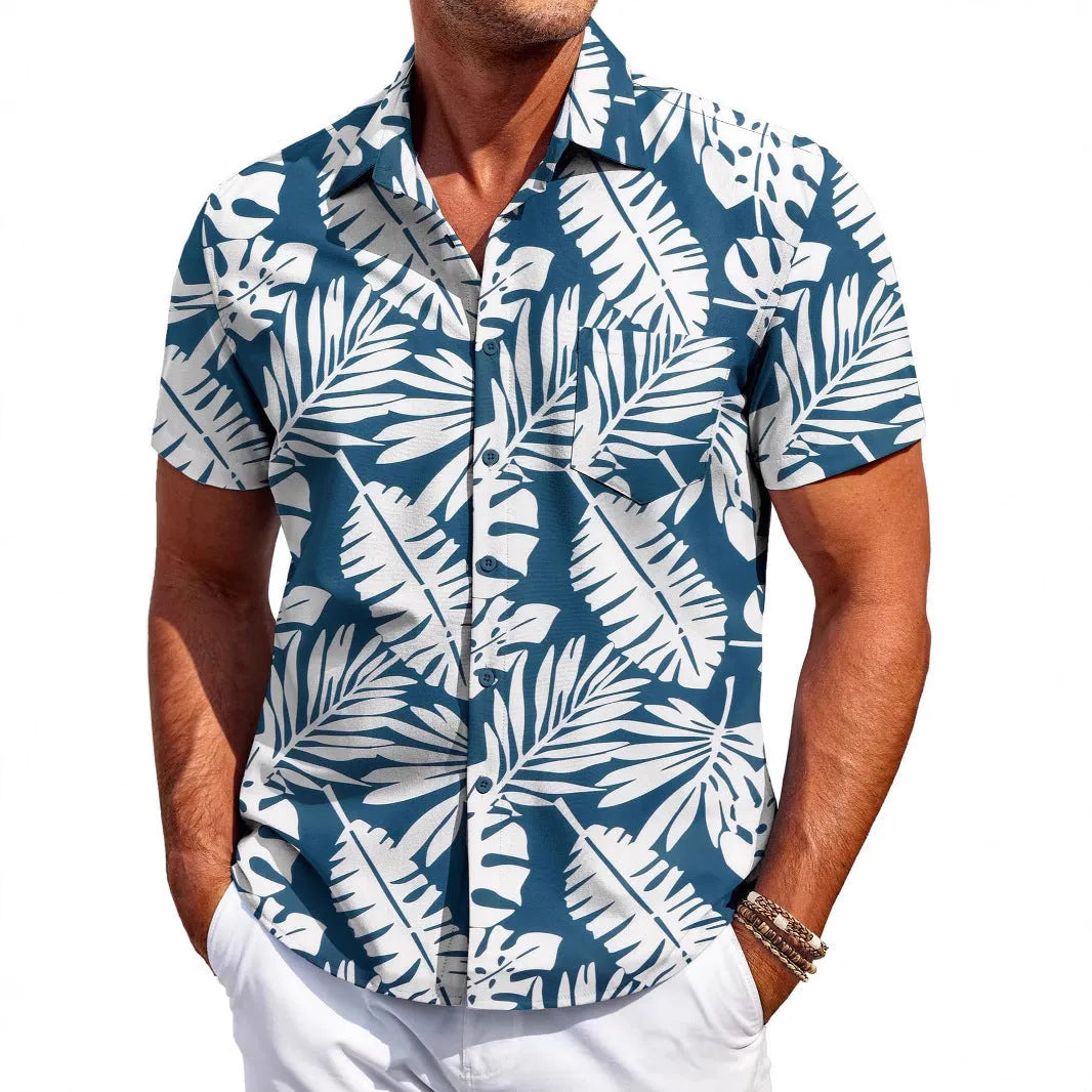 Man wearing a slim fit short sleeve Hawaiian shirt in four-sided elastic polyester fabric