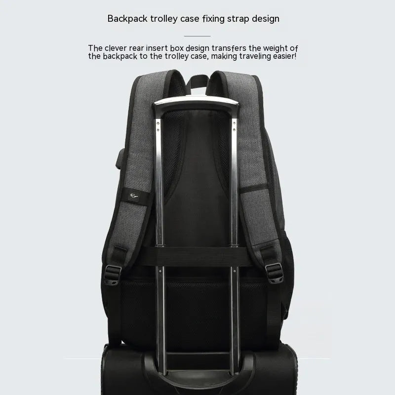 USB charging backpack in nylon fabric with trolley attachment strap