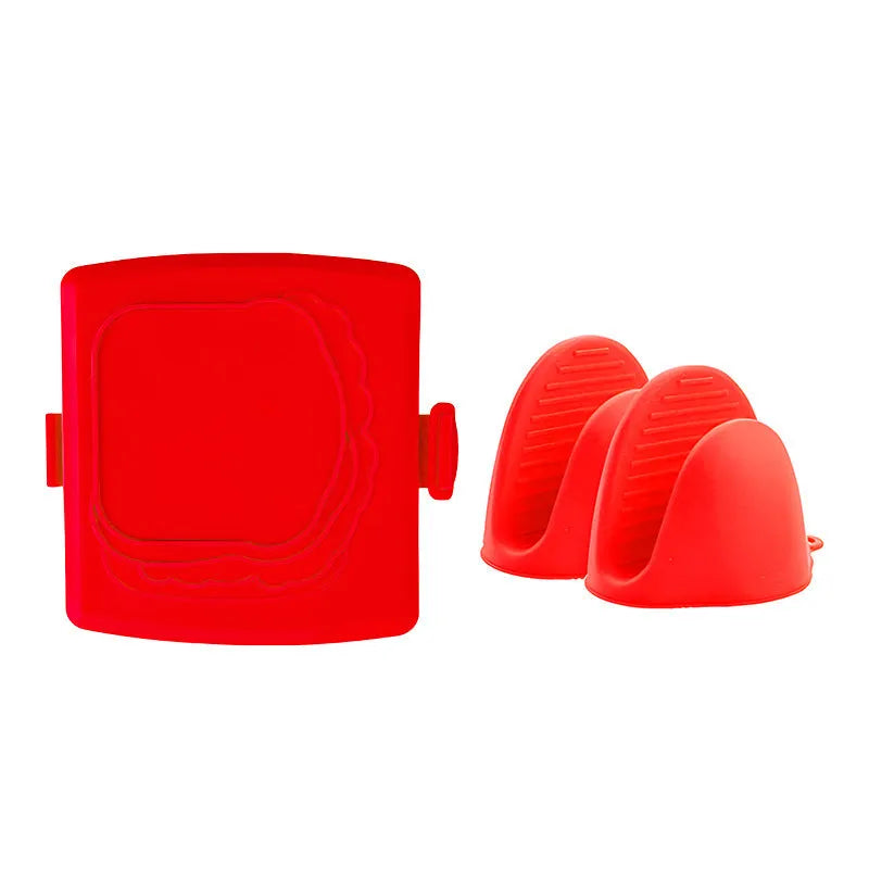 Red silicone baking tray with matching silicone gloves for oven safety