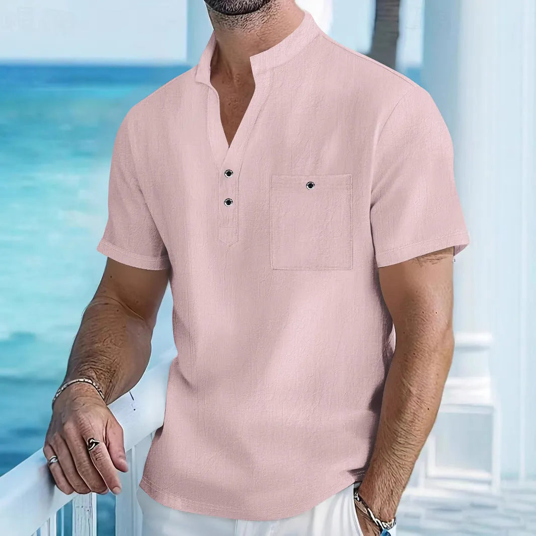 Men's linen blend stand collar T-shirt in light blue with short sleeves and loose fit