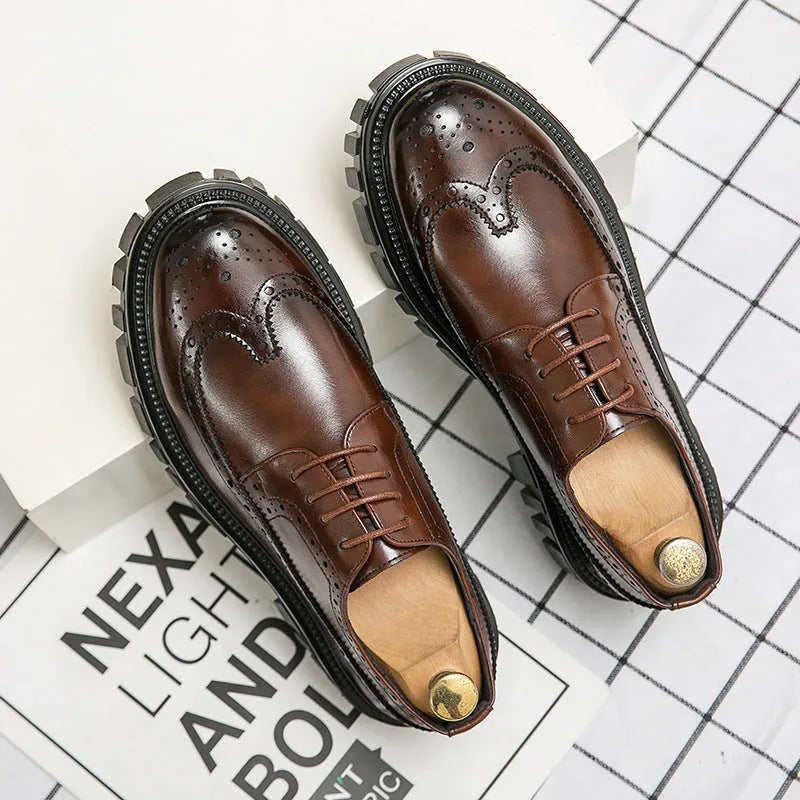 Black and brown men's brogue shoes with round toe and artificial PU upper for business casual wear.
