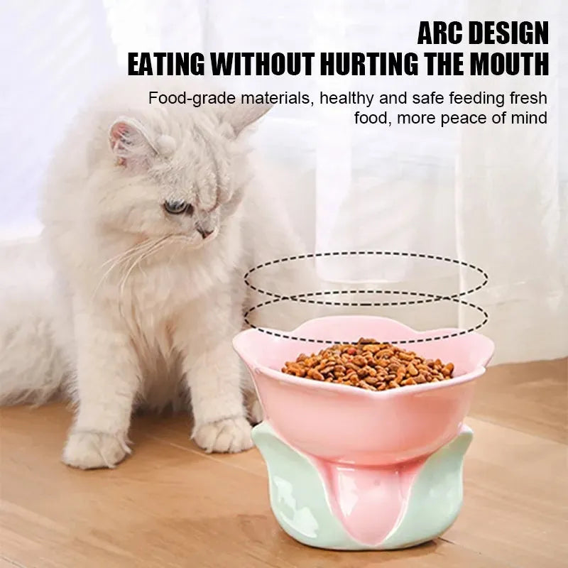 Blue ceramic elevated pet bowl with floral pattern and non-slip base for cats and small dogs