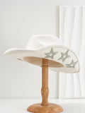Beige polyester Western top hat with a conical crown and a silver hexagonal star decoration on the front.