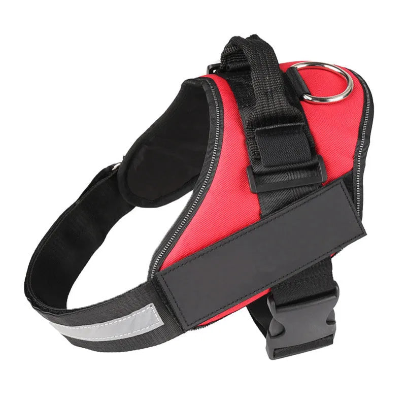 Adjustable no-pull dog harness vest with reflective strips and a chest strap, shown in various colours