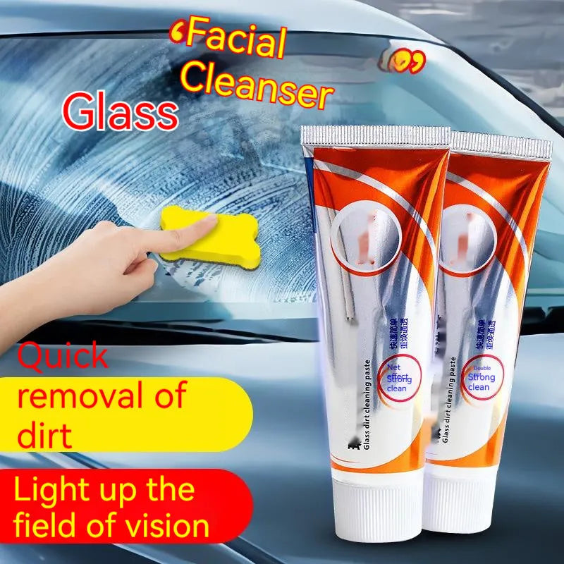 White car windscreen cleaning agent paste in a 13.2cm bottle for removing oil stains from glass.