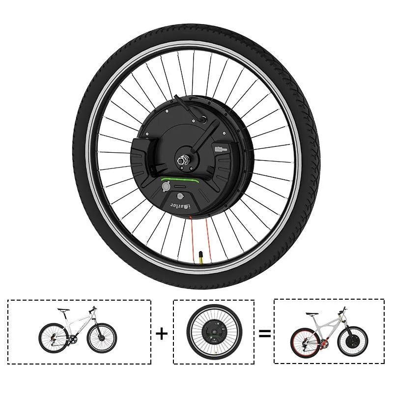 Imotor 3.0 black electric bicycle conversion wheel with integrated hub motor for mountain bikes.