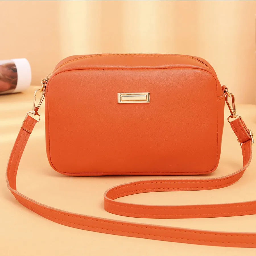 Solid colour ladies PU shoulder bag with horizontal square shape and three-dimensional pocket