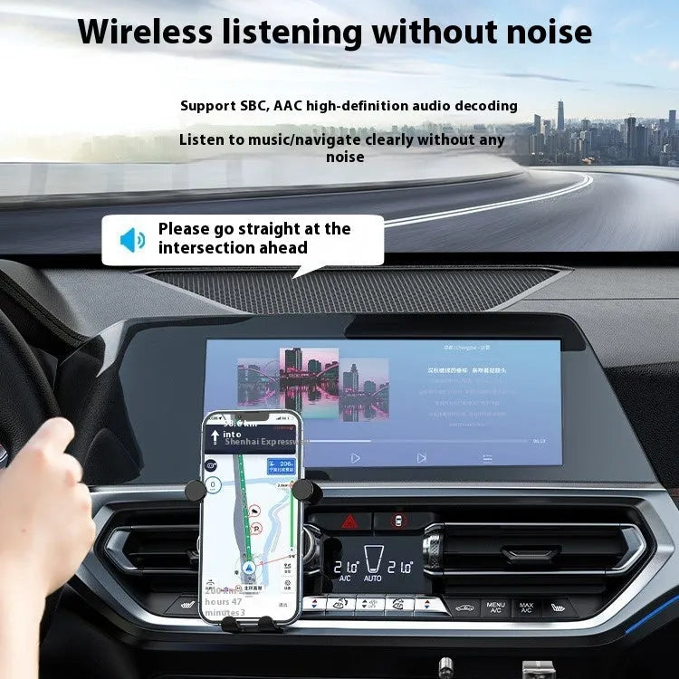 USB car Bluetooth audio receiver with a black zinc alloy USB plug connected by a PU-coated spring wire to a copper 3.5mm audio jack.
