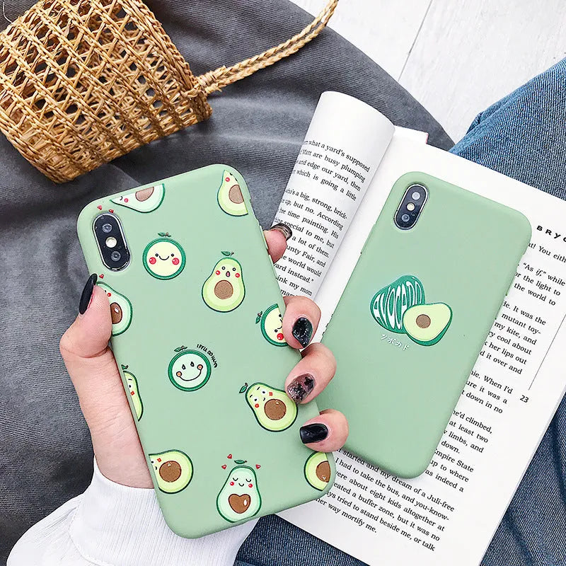 Avocado cartoon print on a green flexible TPU phone case for iPhone.