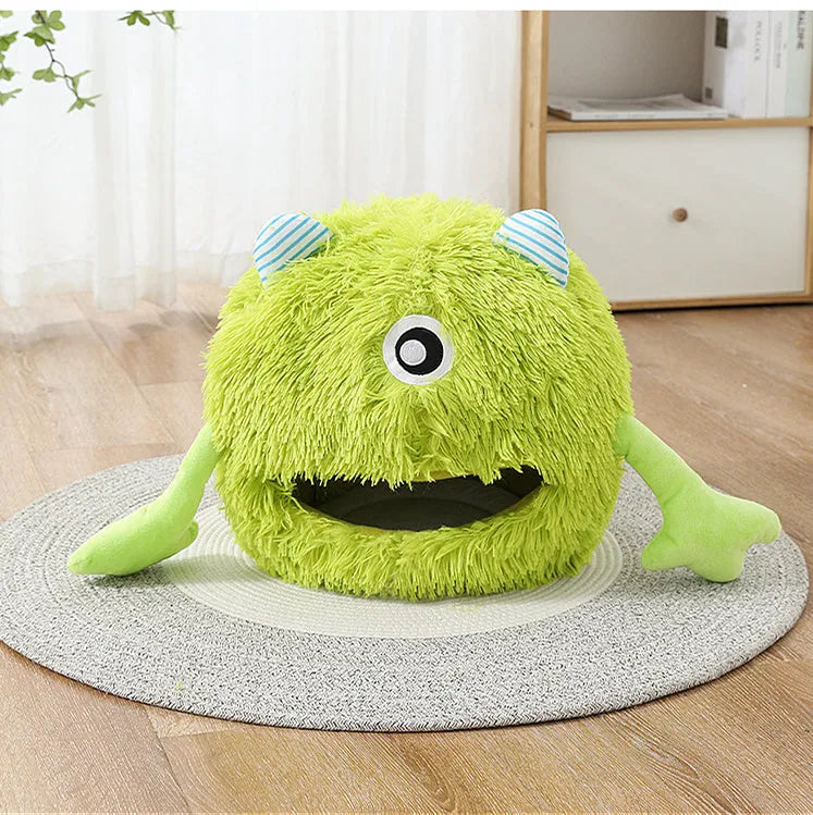 Round fluffy plush cat bed with non-slip bottom in three size options