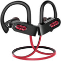 Hanging ear Bluetooth headset in red, black, or pink colour showing over-the-ear hook design.