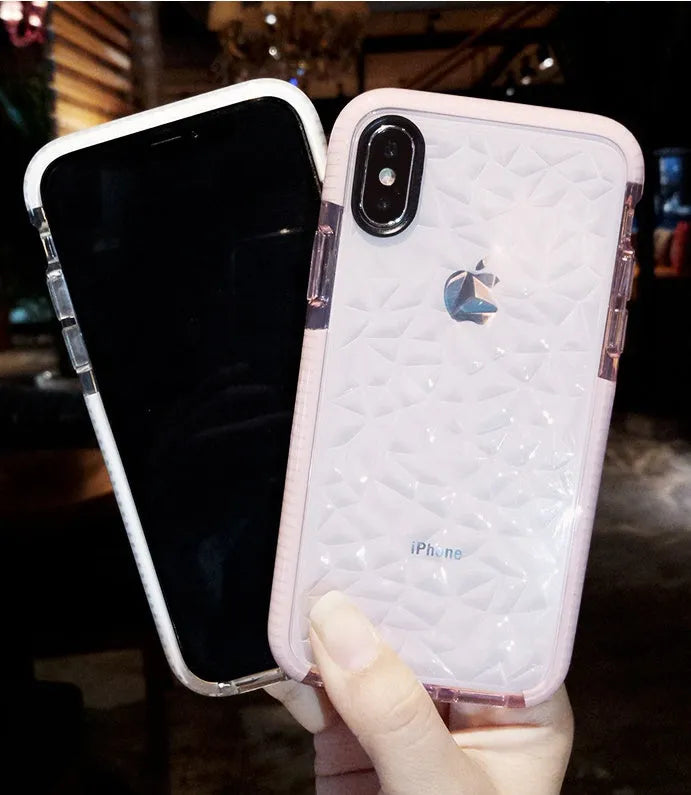 Flexible TPU iPhone case with striped back design in black, pink, and white border options.