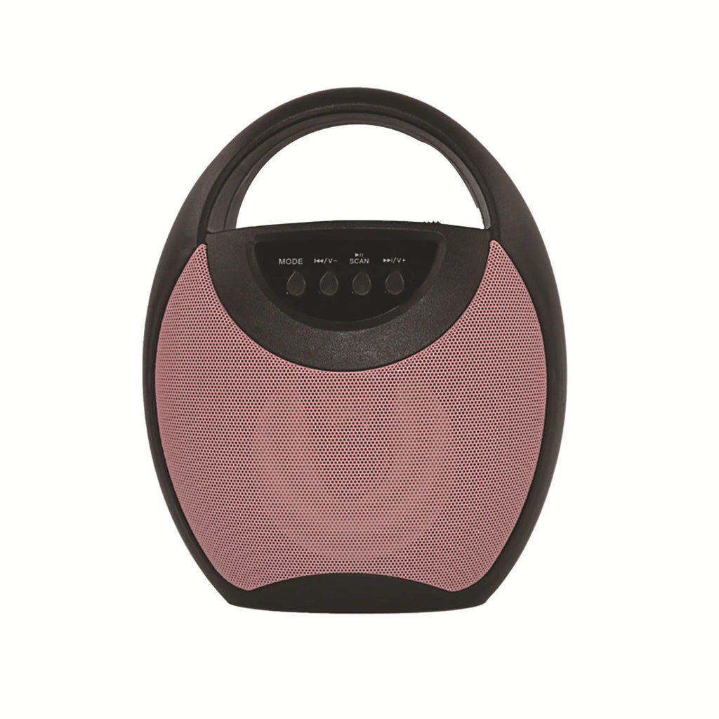 Portable Bluetooth speaker in black, blue, or pink colours showing USB port and SD card slot