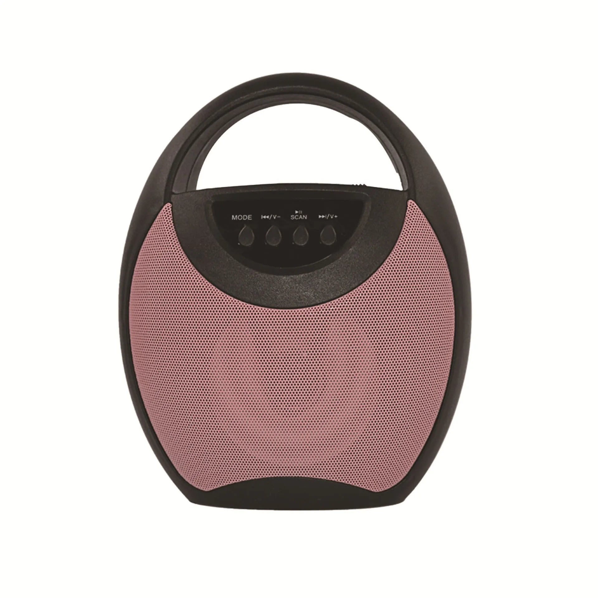 Portable Bluetooth speaker in black, blue, or pink colours showing USB port and SD card slot
