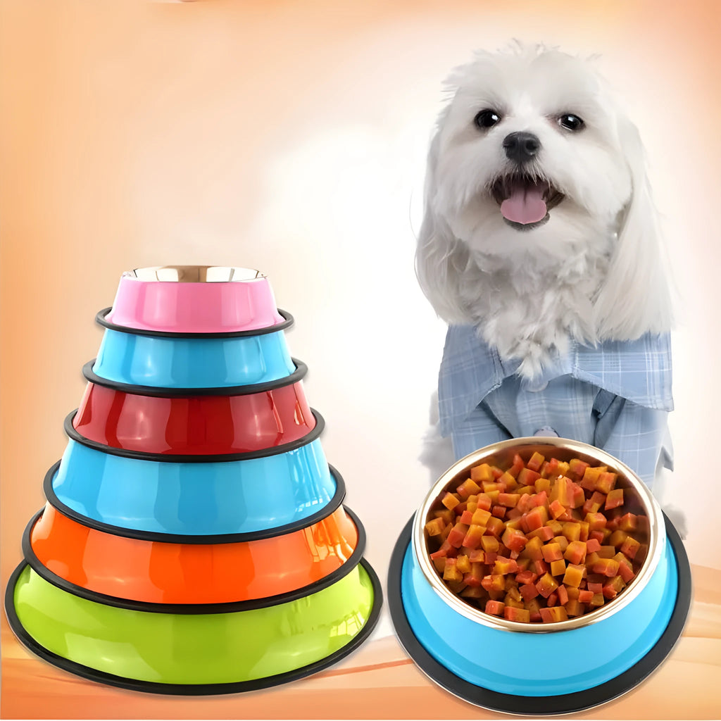 Stainless steel pet feeding bowl with colourful melamine exterior and non-slip rubber base