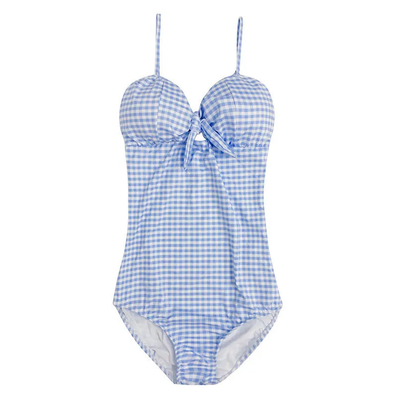 Blue and white plaid pattern on a women's one-piece nylon swimsuit