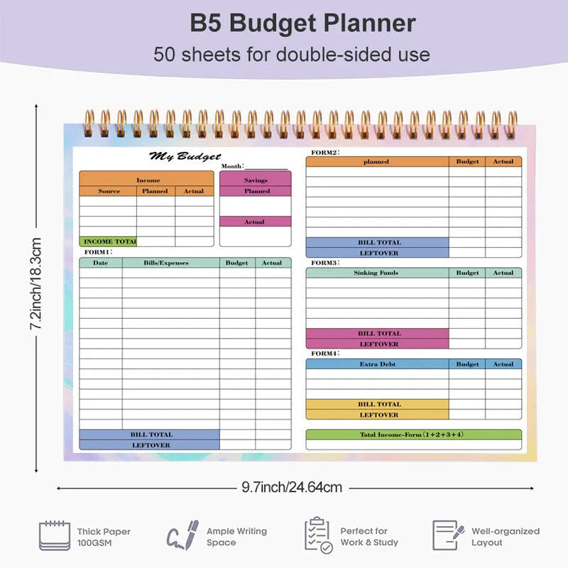 B5 size blue spiral bound budget notebook with PP cover for recording income and expenditure.