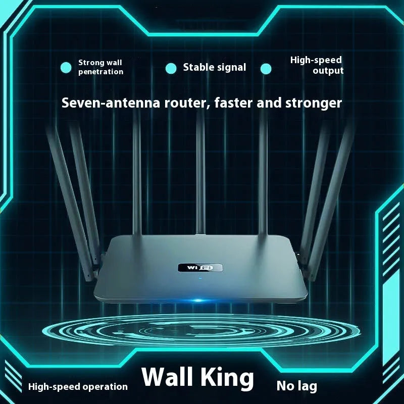 Black and white dual-band Wi-Fi router with multiple antennas for through-wall home coverage.