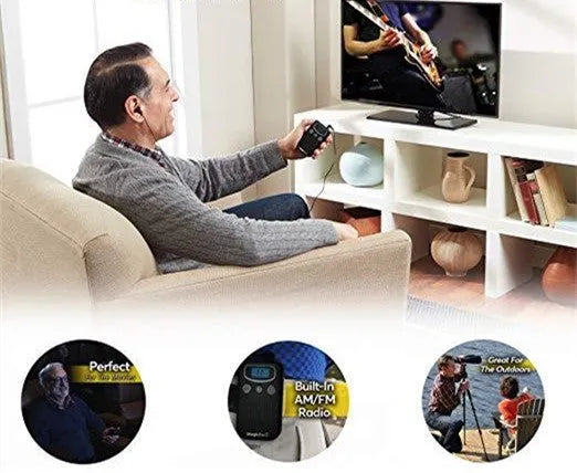 Digital display personal voice enhancer hearing aid booster designed like a handheld FM radio.
