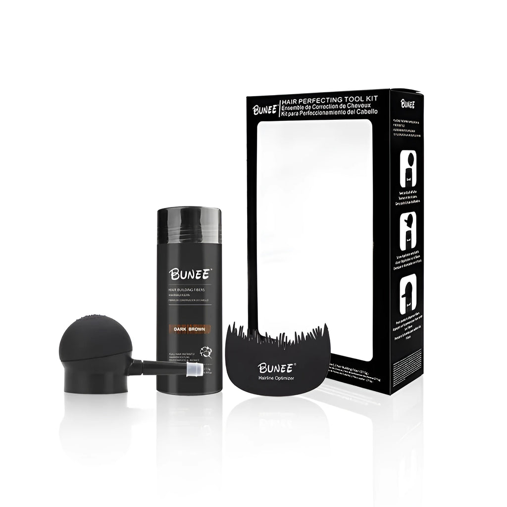 Boxed three-piece dense hair fibre powder set for thinning hair coverage in multiple colour options