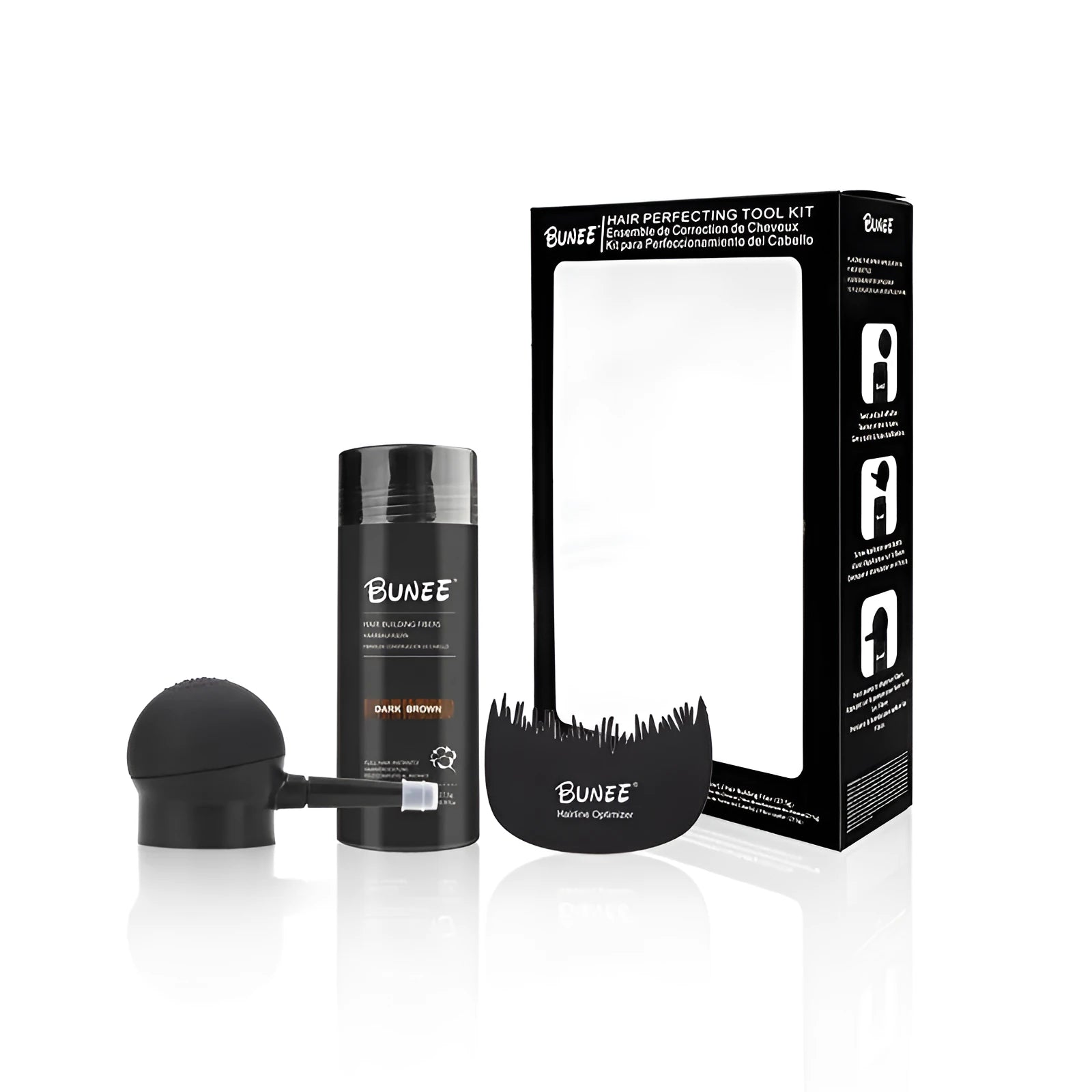 Boxed three-piece dense hair fibre powder set for thinning hair coverage in multiple colour options