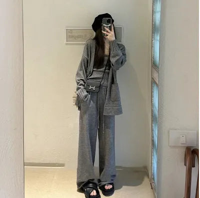 Women's knitted cardigan suspender pants three-piece set in wool blend fabric