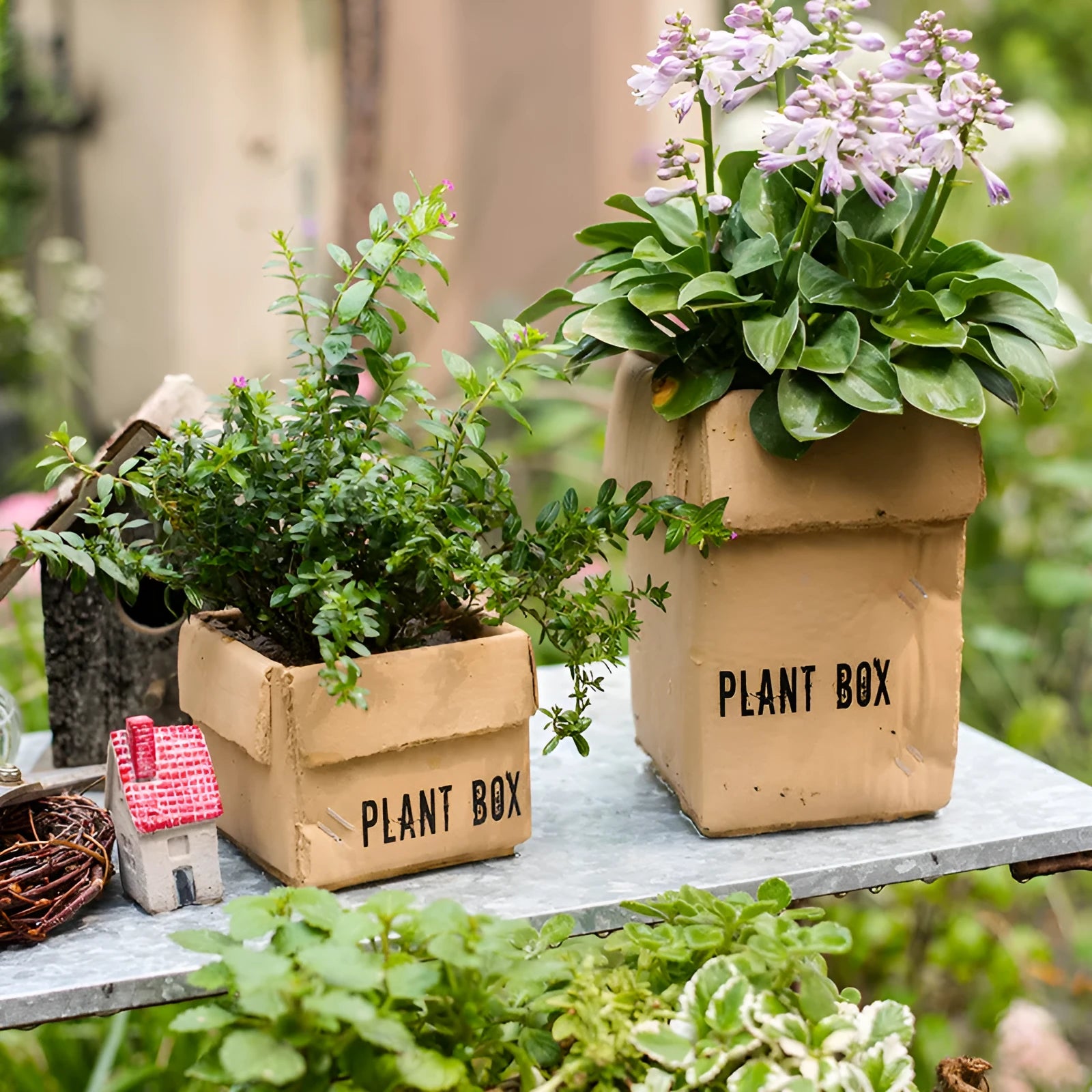 Cement brown paper box design flowerpot with drainage holes for indoor balcony planting