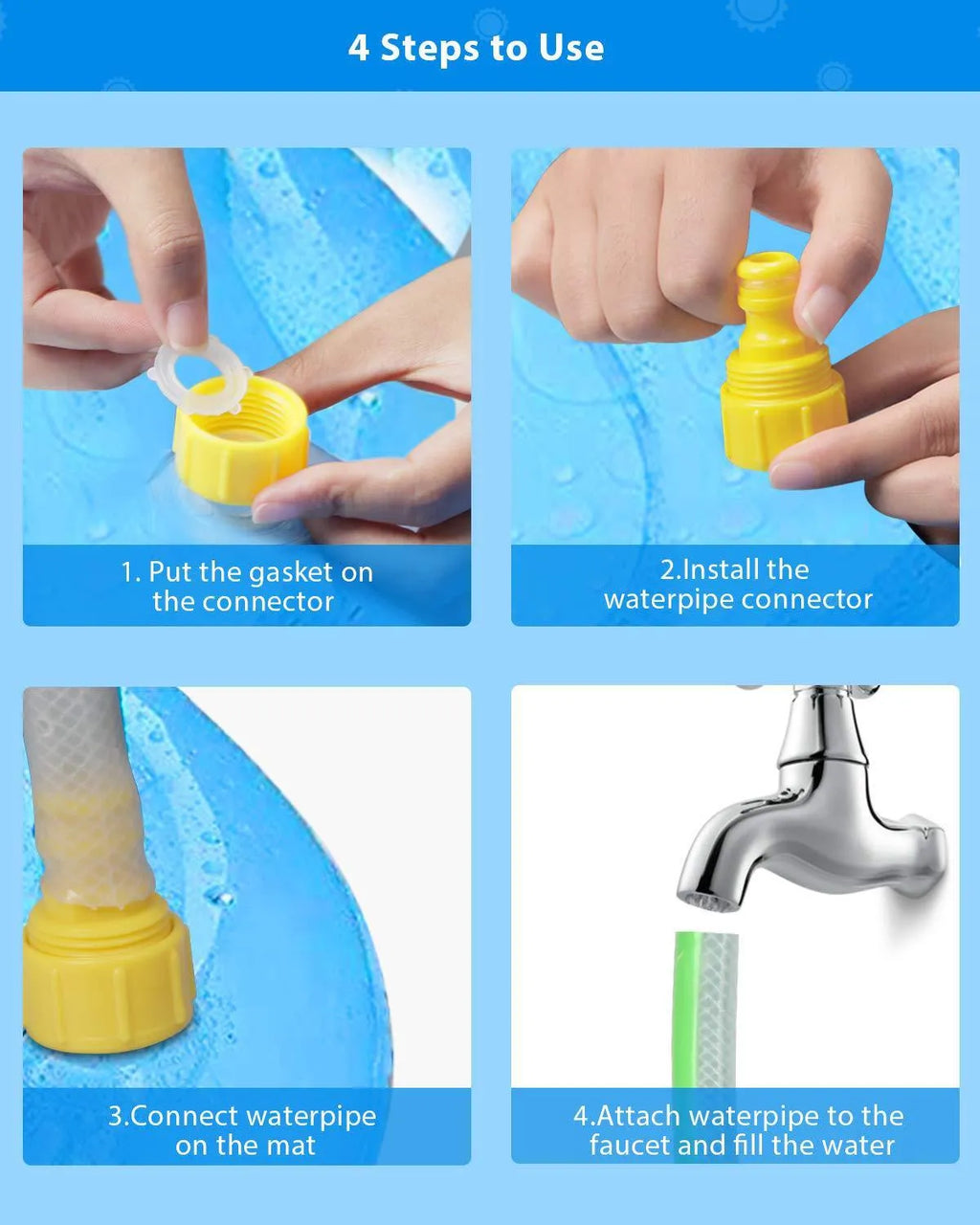 Blue PVC children's water spray mat with marine animal prints connected to garden hose