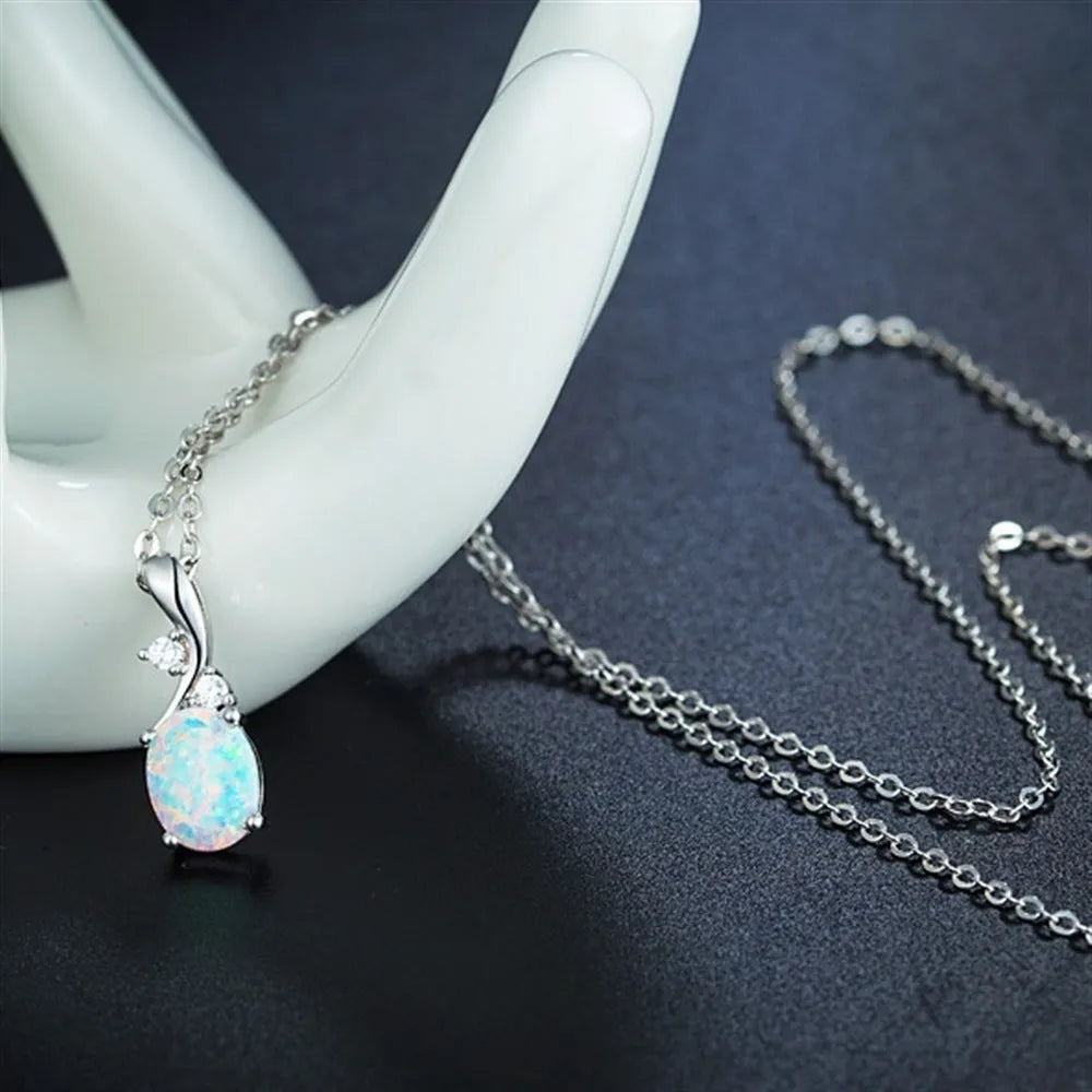 Water drop opal pendant necklace on O-shaped alloy chain in rose gold or white colour