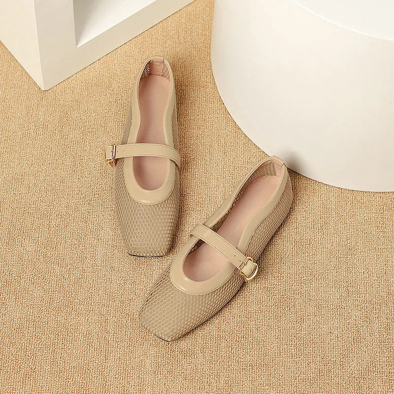 Women's breathable mesh summer shoe in a solid colour with square toe and adjustable buckle.