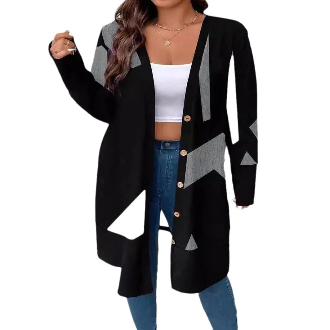 Black plus size casual cardigan coat with button stitching printing detail and regular sleeves