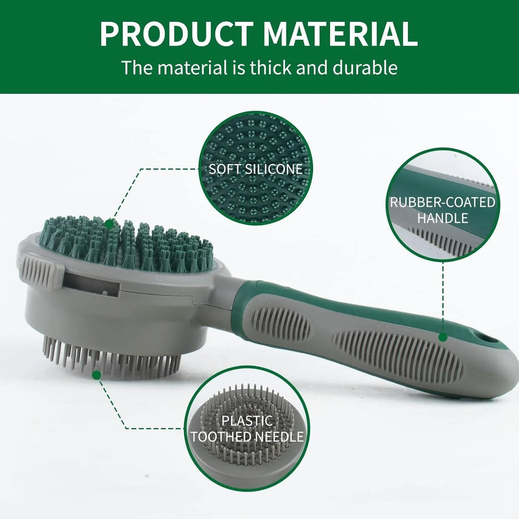 Two-sided silicone cat brush showing retractable slicker side and octopus-teeth massager side