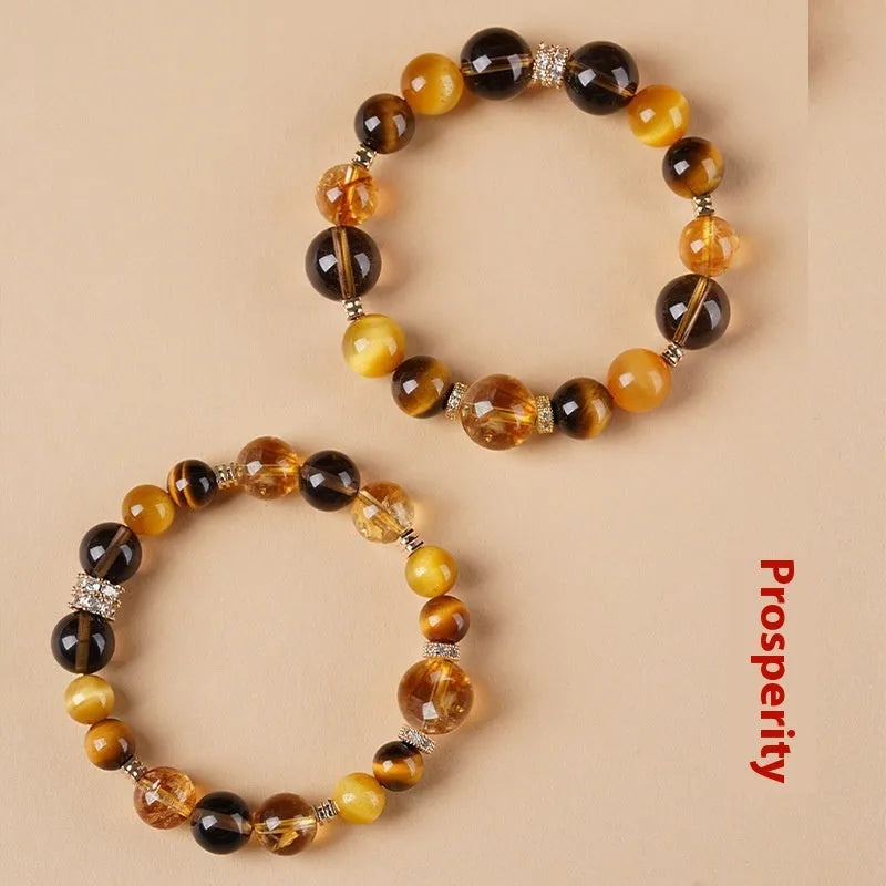 Tiger-eye crystal bracelet with geometric yellow beads in 10mm or 12mm sizes