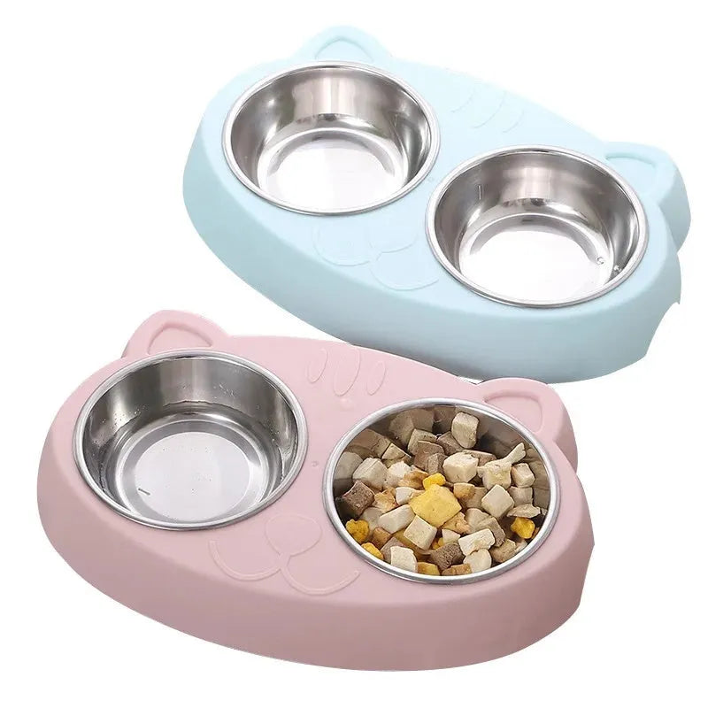 Blue plastic dual-bowl pet food and water feeder tray for cats and dogs