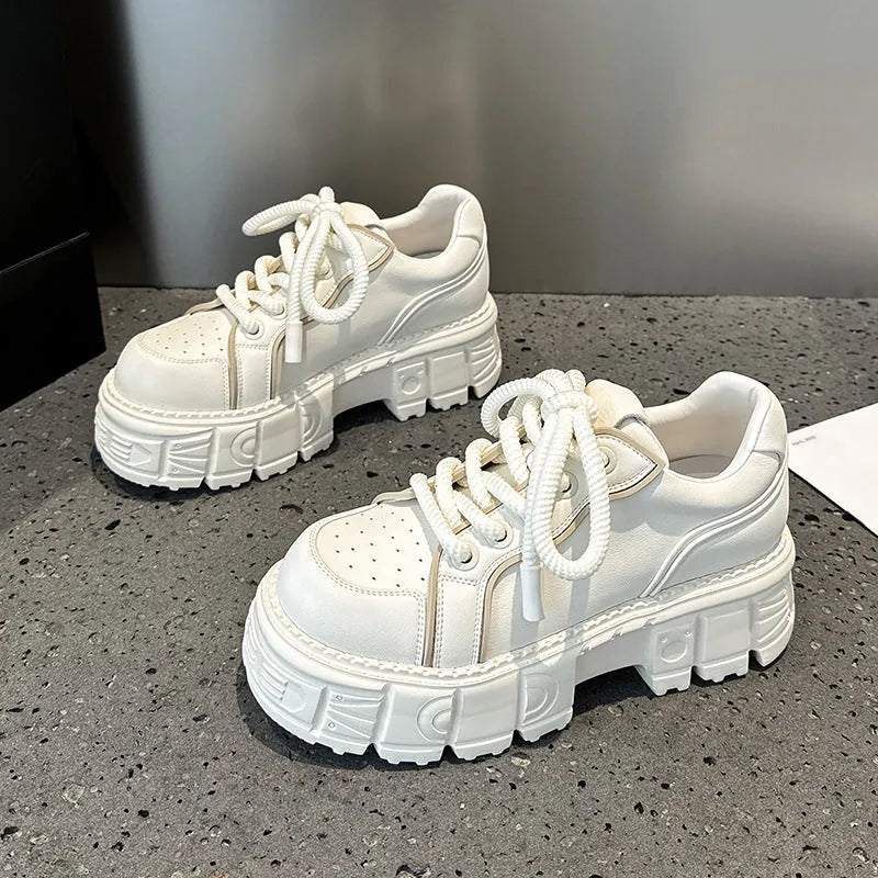 Women's beige leather casual shoes with muffin bottom design and rubber foam soles