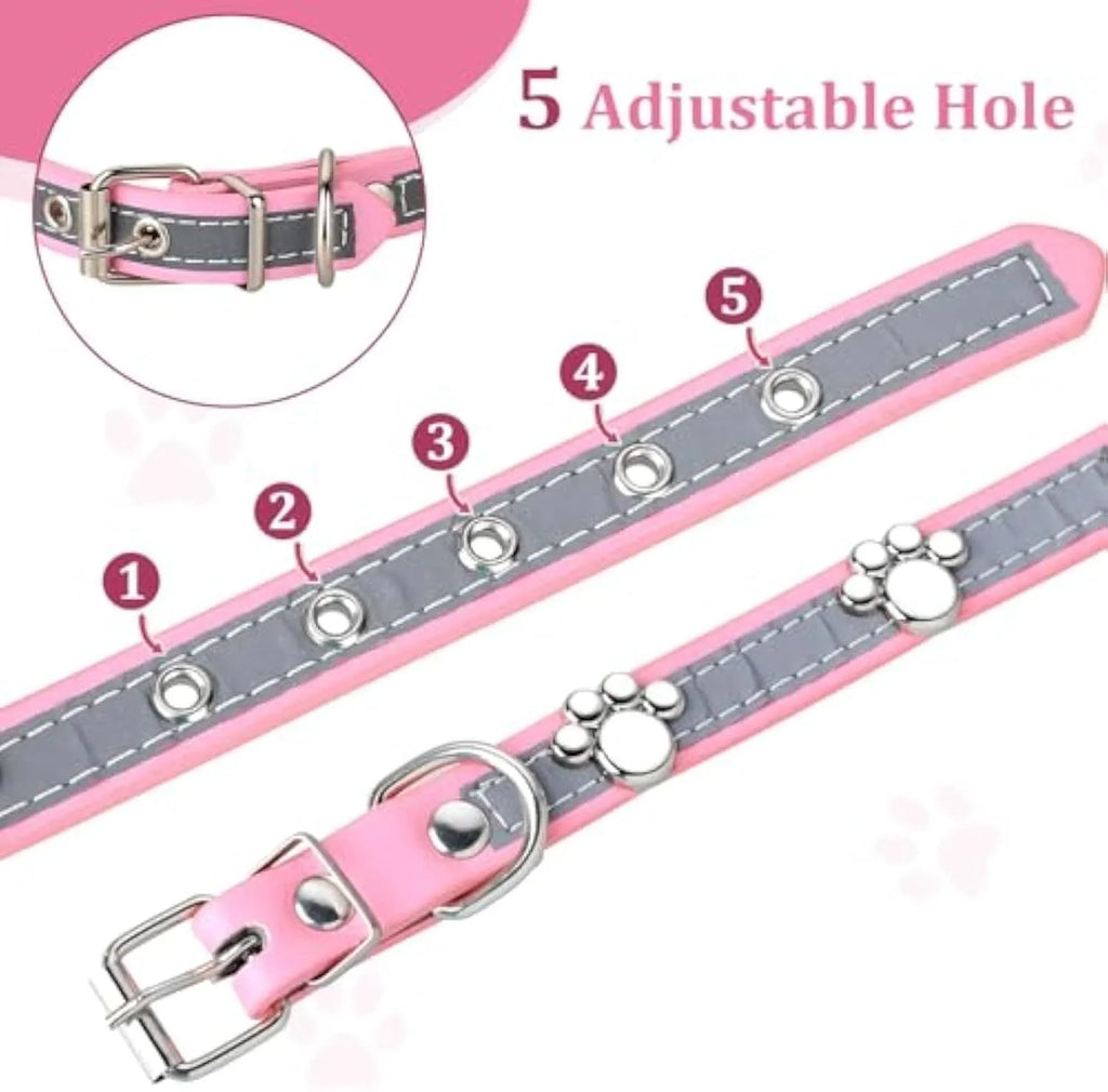 Reflective adjustable PU leather dog collar with metal buckle shown in multiple sizes.