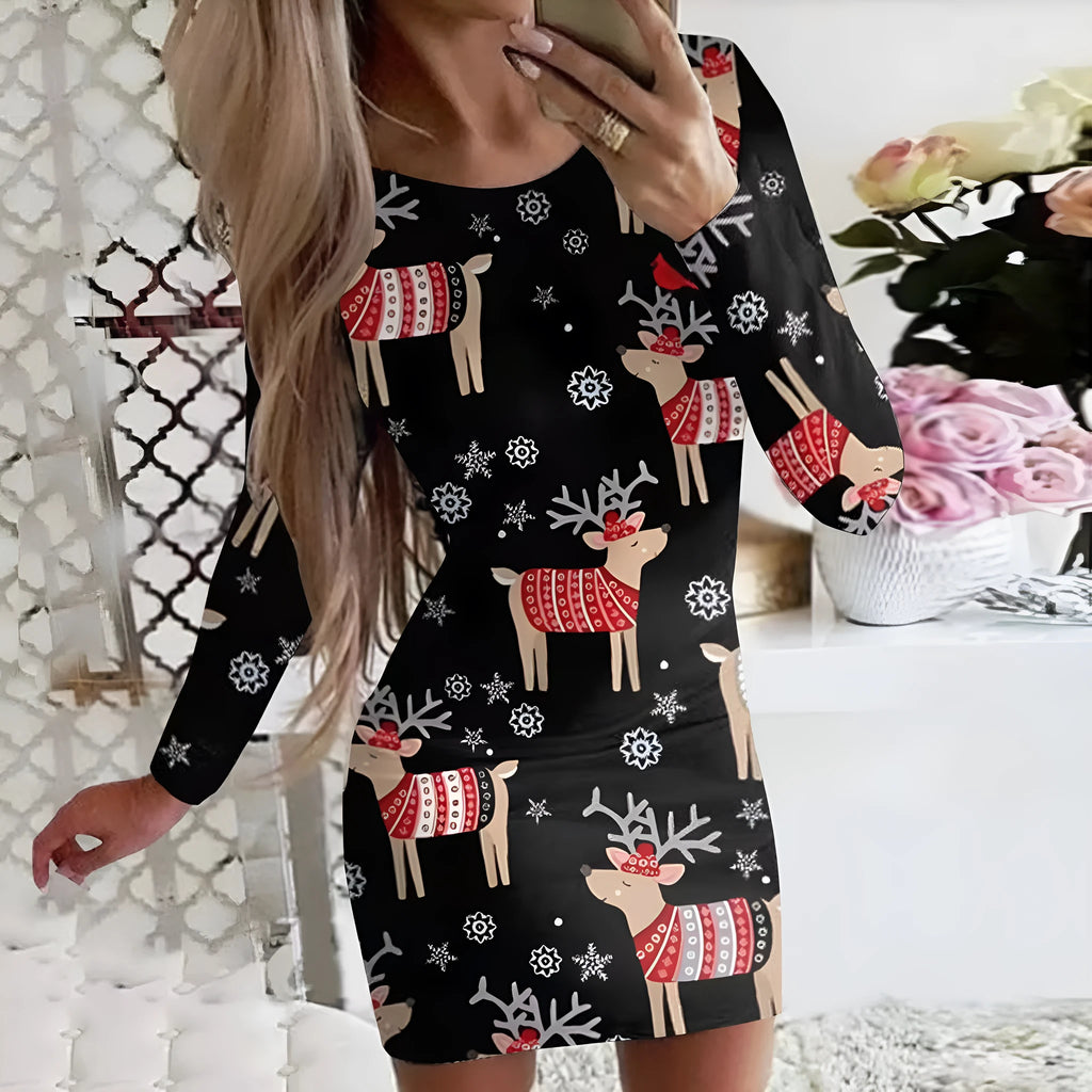 Long sleeve tight-fitting dress with animal pattern print, shown in one of ten floral colour options.