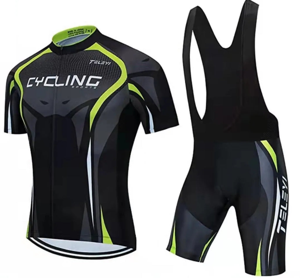 Cycling jersey and matching shorts set in a moisture-wicking fabric for men and women