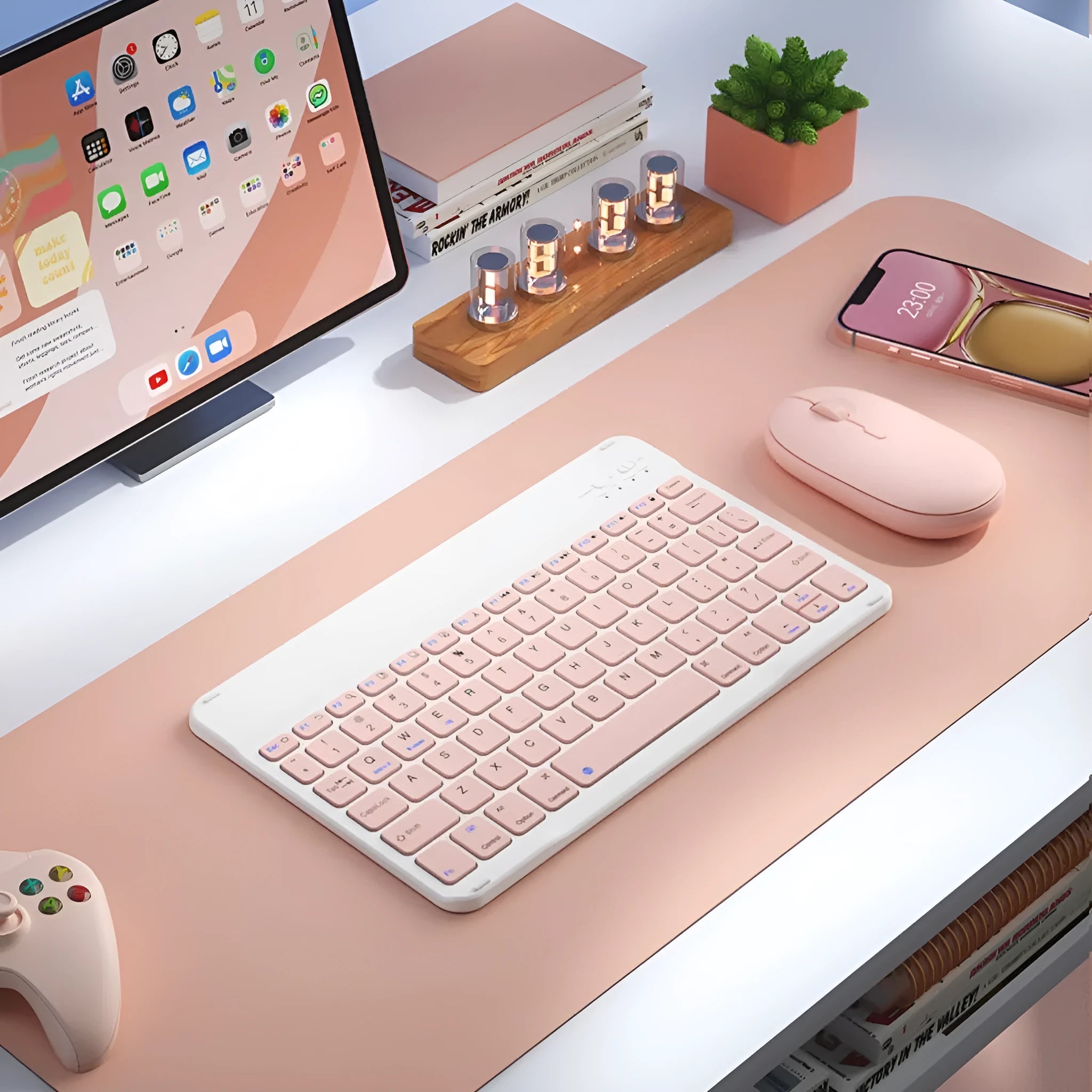 Bluetooth keyboard and rechargeable mouse set for tablet and PC on a desk.